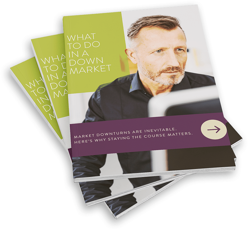 A transparent image of three copies of the whitepaper titled "What to Do in a Down Market," where the cover is a man reading on a laptop. The cover is green and purple.