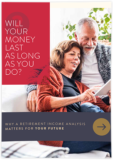 The cover photo of the whitepaper "Will Your Money Last as Long as You Do?" The main photo is a man and a woman sitting together on a couch and looking at a tablet.